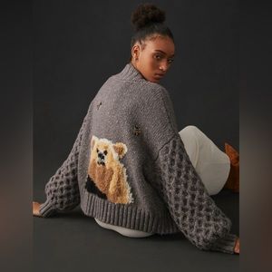 New Slouchy Gray Honey Bear Cardigan Pilcro x Anthropologie